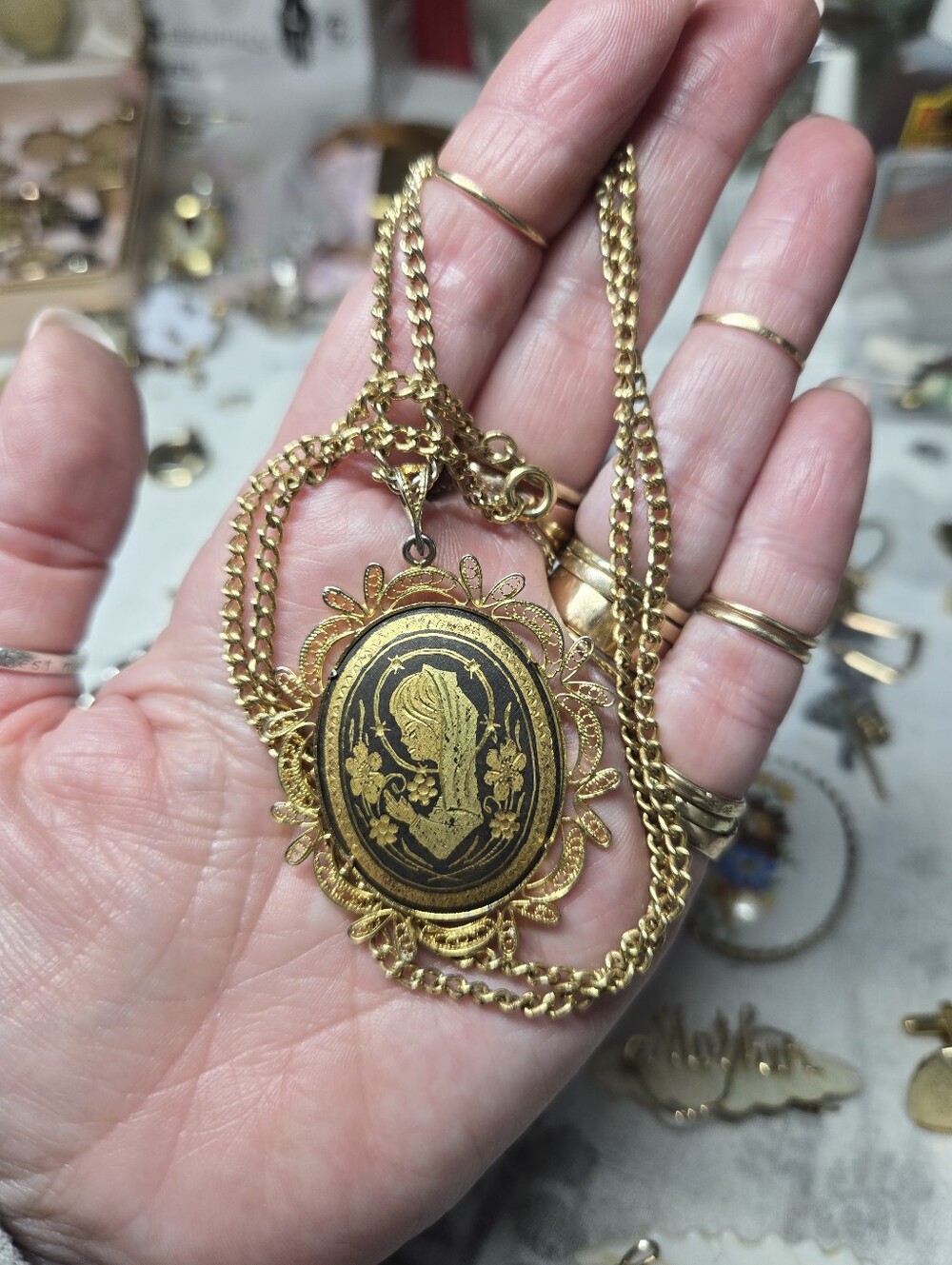 Vintage Damascene Black Floral Cameo Pendant Necklace